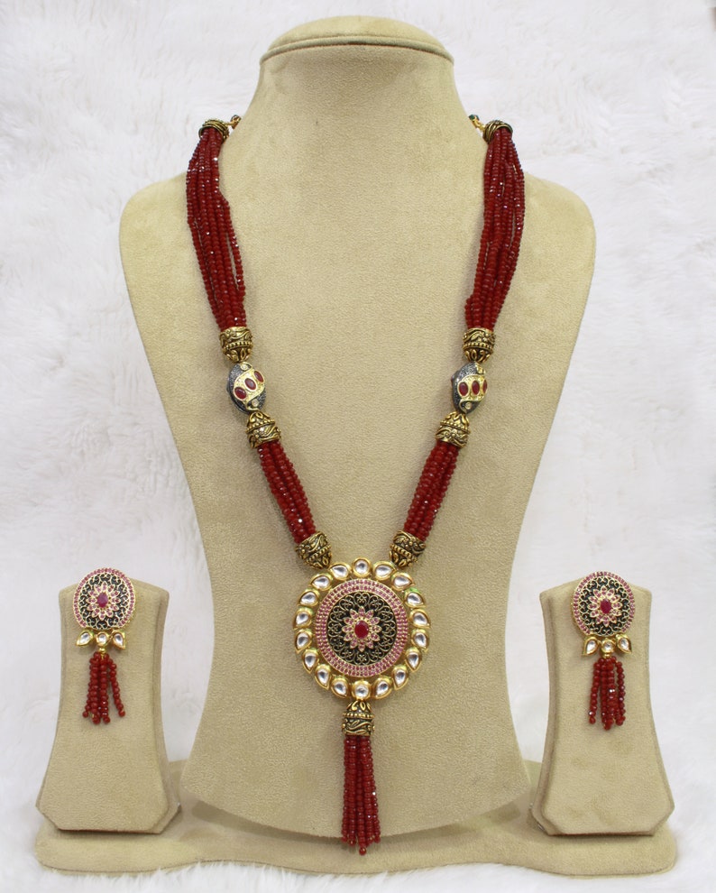 Jaipuri Polki Kundan Tanjore Ruby Bead Pendant Set