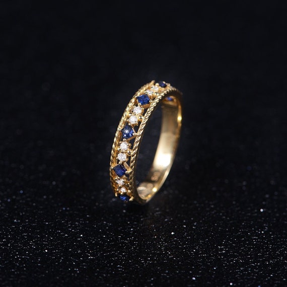Art Deco Band Gold Wedding Band Women Natural Sapphire Ring | Etsy