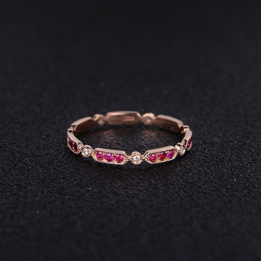 Ruby Band Art Deco Rose Gold Wedding Band Women Antique Etsy