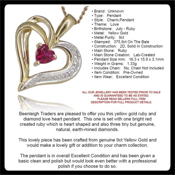 Yellow Gold ~ RUBY & DIAMOND HEART Pendant ~ Guar… - image 6