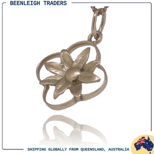 May include: A silver pendant necklace with a floral design. The pendant features a central flower with multiple petals, encircled by a circular frame. The necklace hangs from a fine chain.