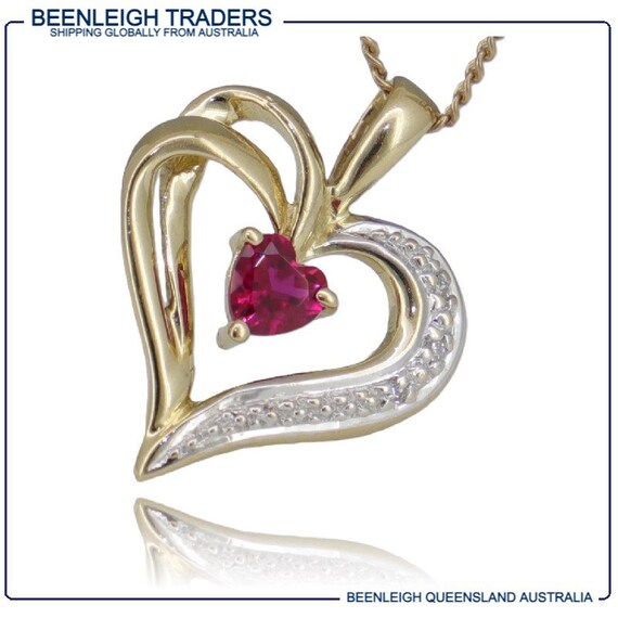 Yellow Gold ~ RUBY & DIAMOND HEART Pendant ~ Guar… - image 1