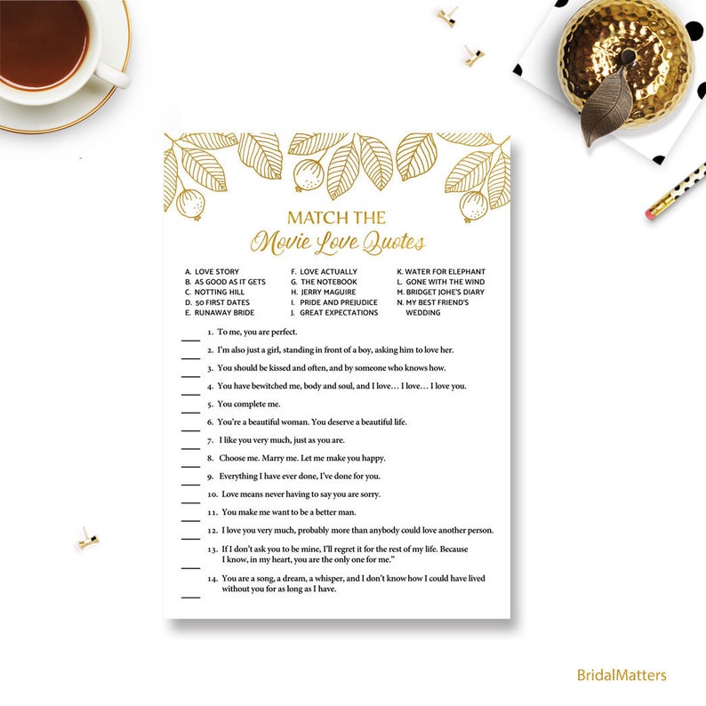 match the movie love quotes game gold bridal shower game etsy
