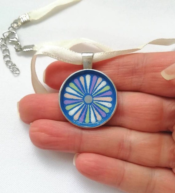 boho art unique gift idea for women 2-3 cm medailon with satin ribbon gift jewelry Hand painted metal pendant necklace