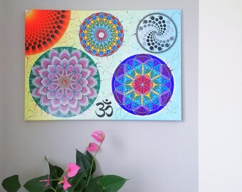 Pintura de mandala pintada à mão sobre tela 50 x 70 cm | para salas de meditação e estúdios de ioga | Arte espiritual única para sua casa