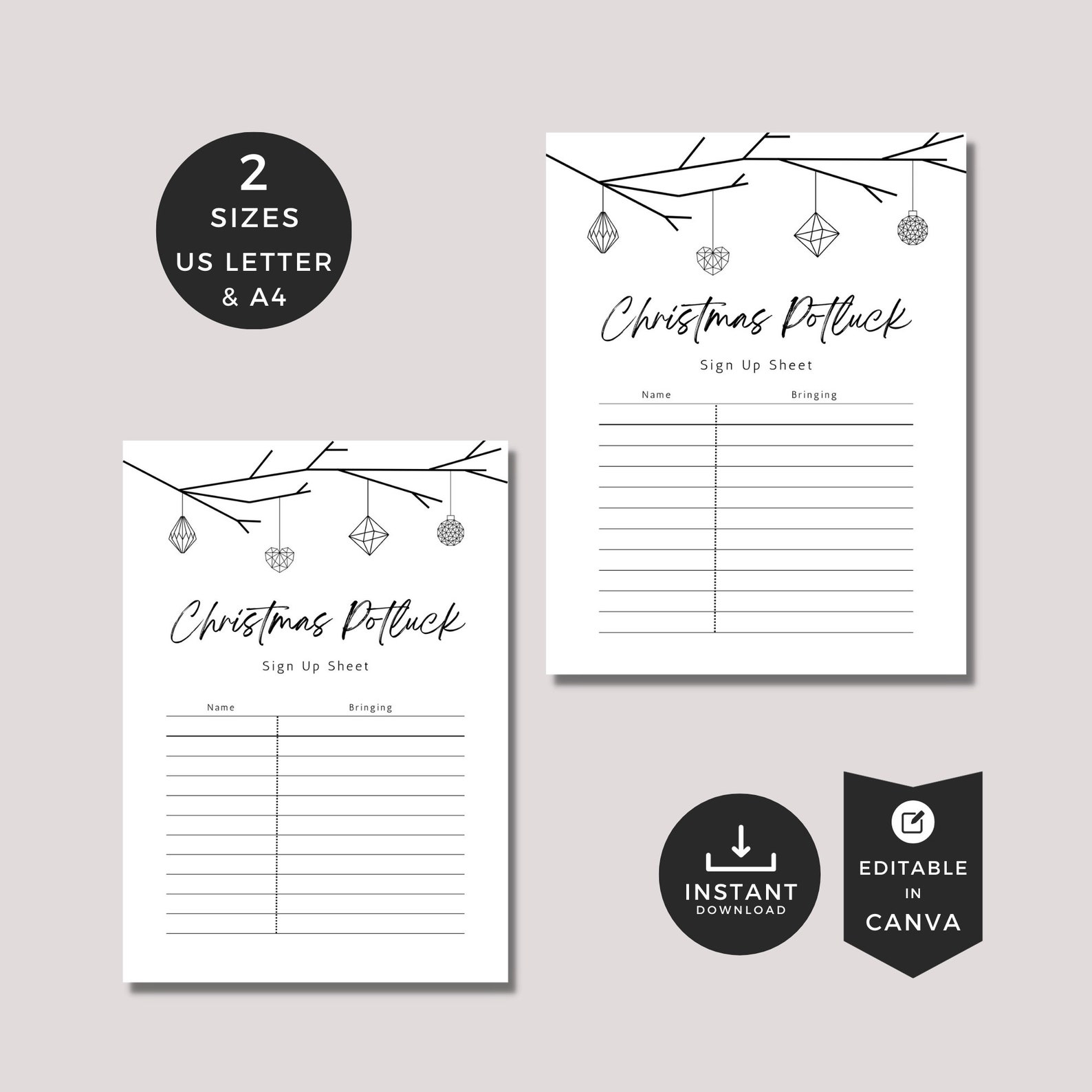 Christmas Potluck List Template, Black and White Christmas Pot Luck ...
