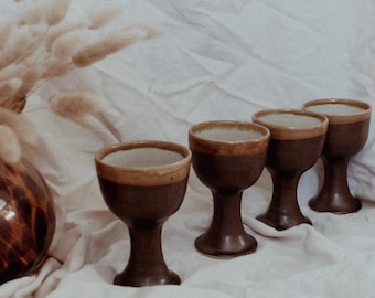 Vintage Ceramic Studio Pottery Wine Glasses Goblets Stoneware Wales  Set of 4 Boho Midcentury Modern Neutral