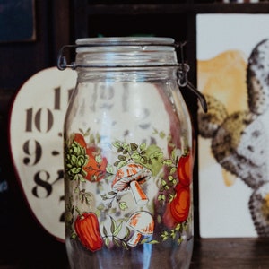 Vintage Mushroom Vegetables Large Arc Glass Canister Jar Made in France Spice of Life