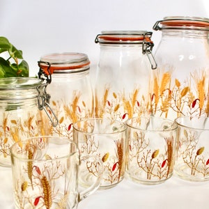 Vintage Arc Glass Canisters w Luminarc Mugs Made in France Rare Wheat Fall Harvest Straw Selling Individually