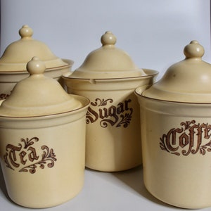 Vintage Pflatzgraff Village Coffee, Flour, Tea and Sugar Canister Ceramic Calligraphy Stoneware SELLING individually