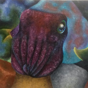 May include: An oil painting of a cuttlefish with a deep purple head and body, and a turquoise and red patterned mantle. The cuttlefish has a large, expressive eye and is surrounded by colorful rocks and a starry background.