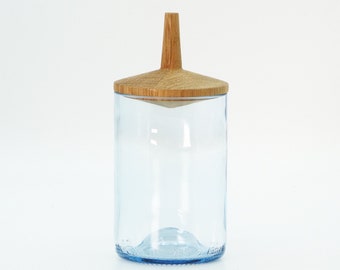 Blue recycled glass with a wooden lid made of oak