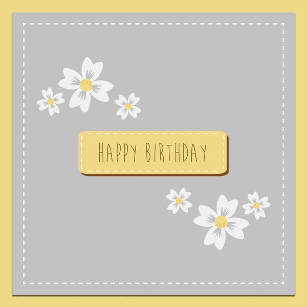 Flower birthday card, grey and yellow card, happy birthday, card for her, birthday card for her, birthday card, floral birthday card
