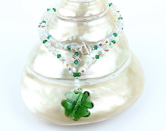 Lucky Four Leaf Clover Swarovski Crystal Necklace w/ Sterling Silver Toggle Clasp by BorkasJewels