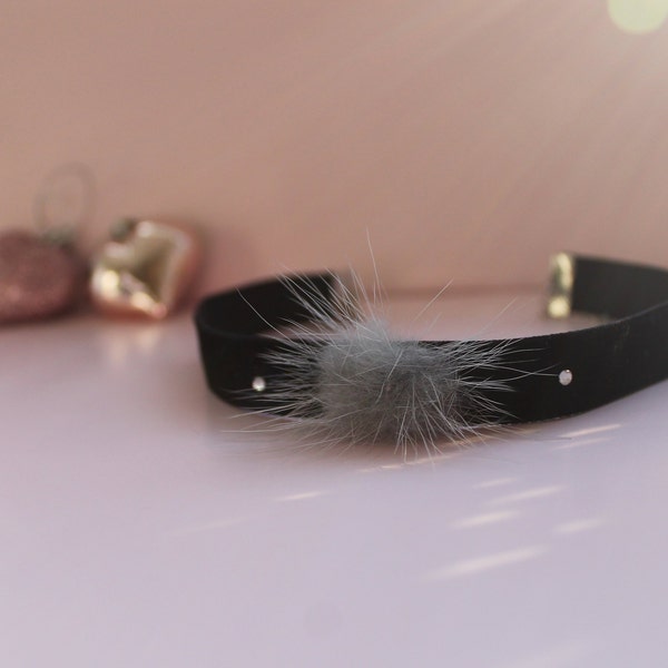 Cute Black Velvet Chocker With Pompom Kawaii Black Chocker With Grey Tuft