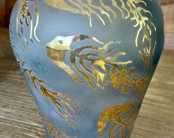 ジョン・バーバー作 アートグラス 希少な花瓶 金属装飾付き