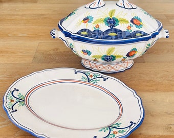 Vintage Deruta Italy Pottery Mid Century Soup Chowder Tureen z talerzem