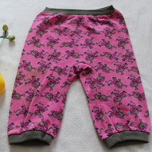 pink baby pants size 86 sewn by hand with monkey motif