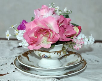 pink roses floral arrangement in collectible cup handmade gift