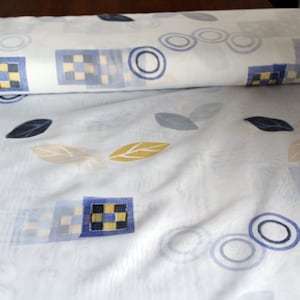 Curtain fabric voile white printed with blue pattern 3 m height sold by the meter