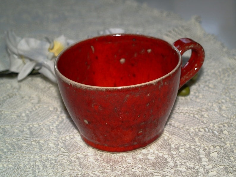 Tasse rote Keramik getöpfert Mohn Kaffeetasse Teetasse Bild 3