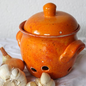 May include: Orange ceramic garlic keeper with a lid and two handles. The keeper has several holes for ventilation and is surrounded by garlic, onions, and a red onion. The keeper is on a white surface.
