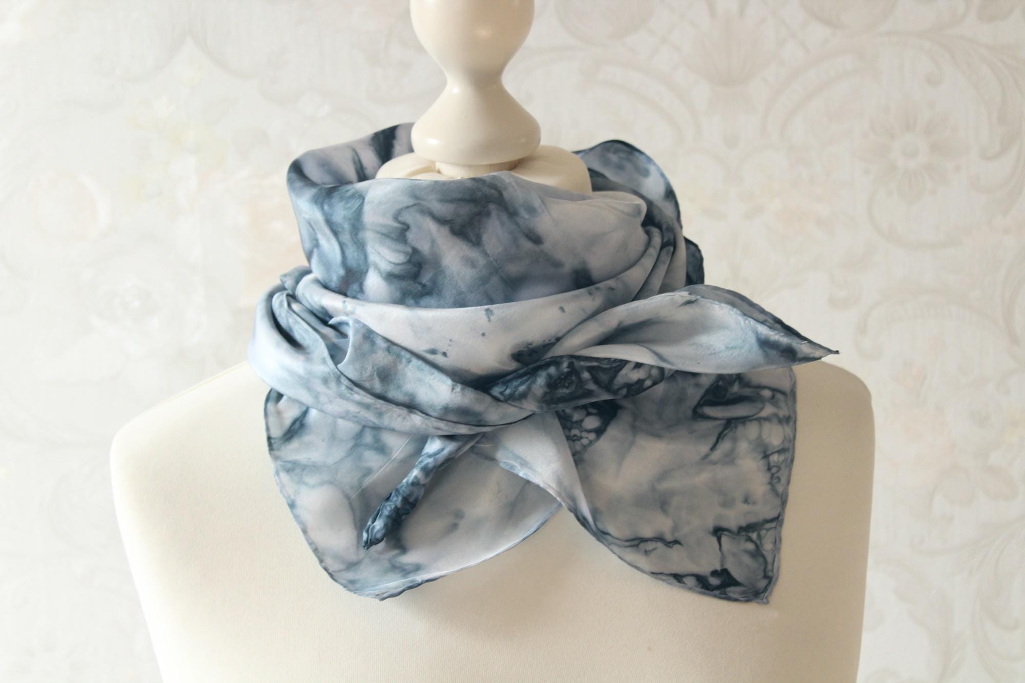Satin Silk Scarf, Blue Patterned, Silk Scarf - Etsy Canada