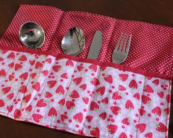 Cutlery bag strawberry rollable case handmade unique piece