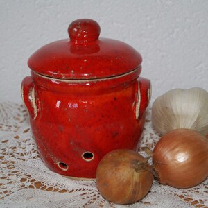 Pode incluir: Um recipiente de cerâmica vermelho para guardar cebolas e alho com tampa. O recipiente tem furos para ventilação e está sobre uma toalha de renda branca com duas cebolas e um bulbo de alho.
