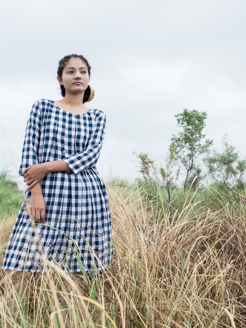 organic cotton hand emboridery pleated dress Blue check organic cotton dress with hand emboridery