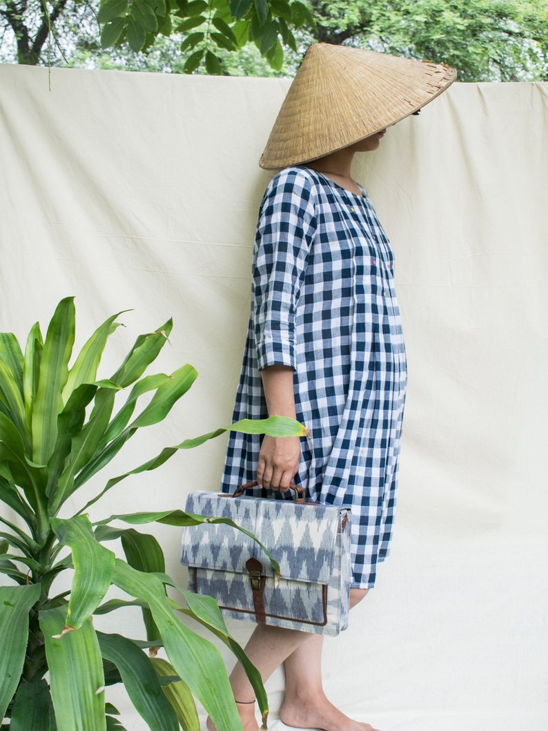 organic cotton hand emboridery pleated dress Blue check organic cotton dress with hand emboridery