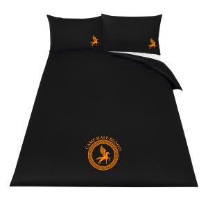 May include: Black bedding set with an orange Camp Half-Blood logo featuring a winged horse and a Greek key design.