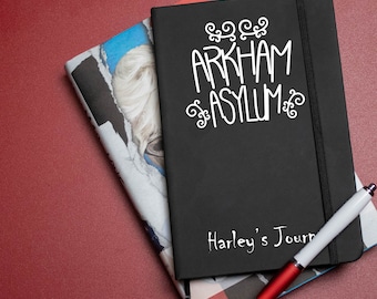 Personalised Black A5 Arkham Asylum lined Notebook with white or gold text harley's journal