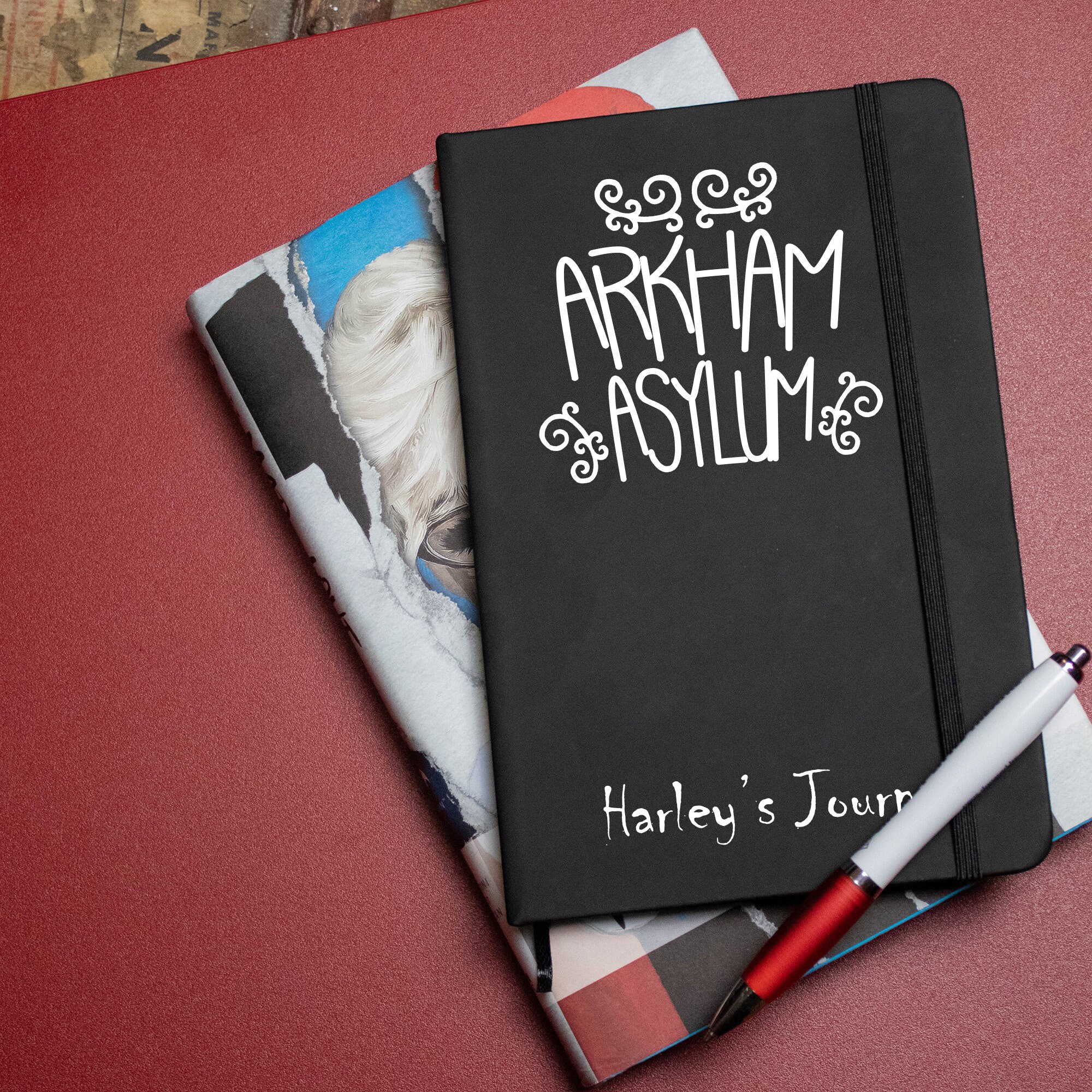 Personalised Black A5 Asylum lined Notebook with white or gold text harley's journal