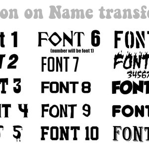 May include: A graphic showing 15 different fonts for iron-on name transfers. The fonts are numbered 1 through 15. The text "Iron on Name transfer" is at the top of the image.