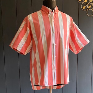 Vintage 90s shirt with dominant pink and white vertical stripes, Size L