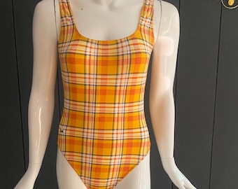 Vintage Lacoste 80s-90s Yellow Orange Tartan One-Piece Swimsuit – FR 36 / UK 8 / US 4
