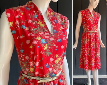 Robe vintage 80s rouge en jersey de coton à motifs floraux colorés Taille 40/M