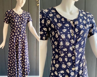 Vintage 90s long dress inspired by the 1940s, navy blue color with white floral pattern, Size 40/M