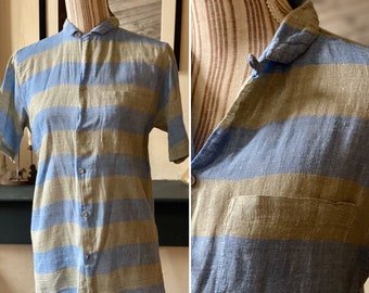 Vintage 70s short-sleeved cotton blouse with gray and blue stripes T 36/38