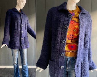 Chaqueta vintage de lana tejida a mano, rústica y pesada de los años 70, azul marino, T 40/42/44