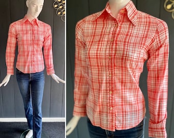 Women's vintage 70s deadstock checkered Western/Rockabilly style shirt with slim fit and soft pie shovel collar, T 34/36/XS