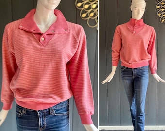 Hellrosa Vintage-Sweatshirt aus den 80ern mit silbernen Lurexstreifen und verstellbarem Stehkragen, Größe 36/38/S/M