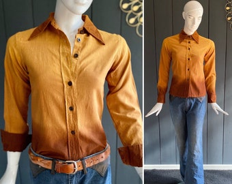 Superb vintage 70s blouse in raw cotton Made in India Tie/Dye ocher and terracotta pattern, Size S/XS/34/36