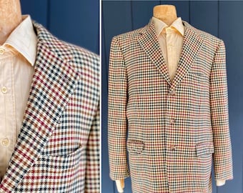 Men's vintage 80s jacket/blazer, 100% cashmere, beige with small check pattern, lined, size XL/XXL
