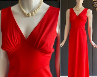 Robe de soirée vintage 70s rouge vif avec décolleté plongeant et taille diamant, Taille 40/42/M