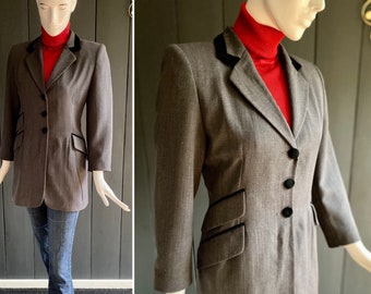 Superbe veste vintage 90s bi-matière lainage fin gris et velours noir style cavalière, Taille 38/40