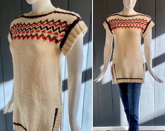 Adorable pull vintage 70s style bohème/hippie à manches courtes en laine tricoté main, Taille 36/38