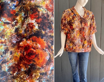 Vintage 1960s hand-sewn tunic with vibrant impressionist floral patterns in fiery tones, Size 44/46/2XL