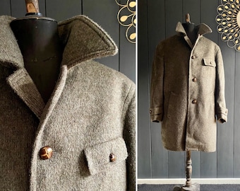 Superbe manteau homme vintage 80/90s en laine et mohair couleur vert kaki Taille 2/3XL